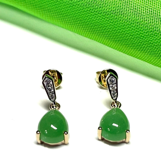 Green pear teardrop real jade and diamond yellow gold drop earrings