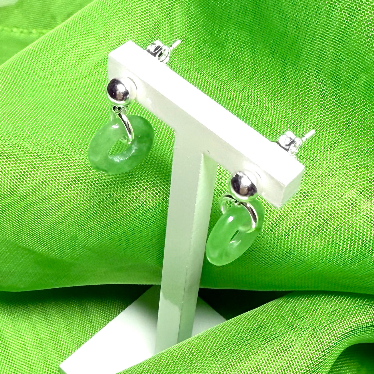 Green real jade sterling silver round drop dangling earrings