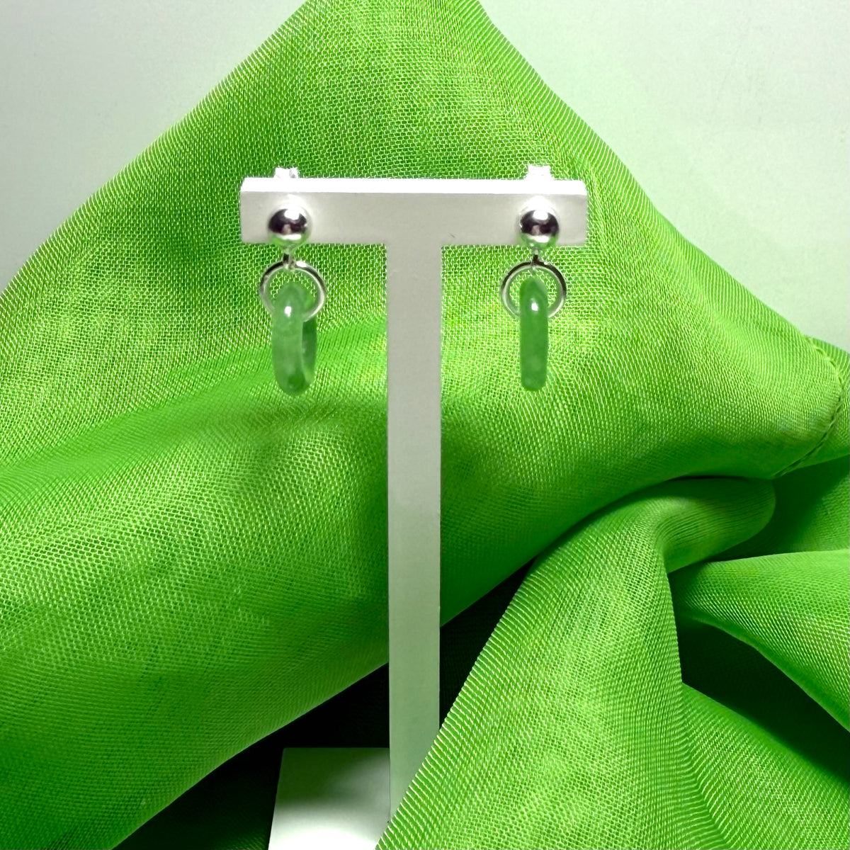 Green real jade sterling silver round drop dangling earrings