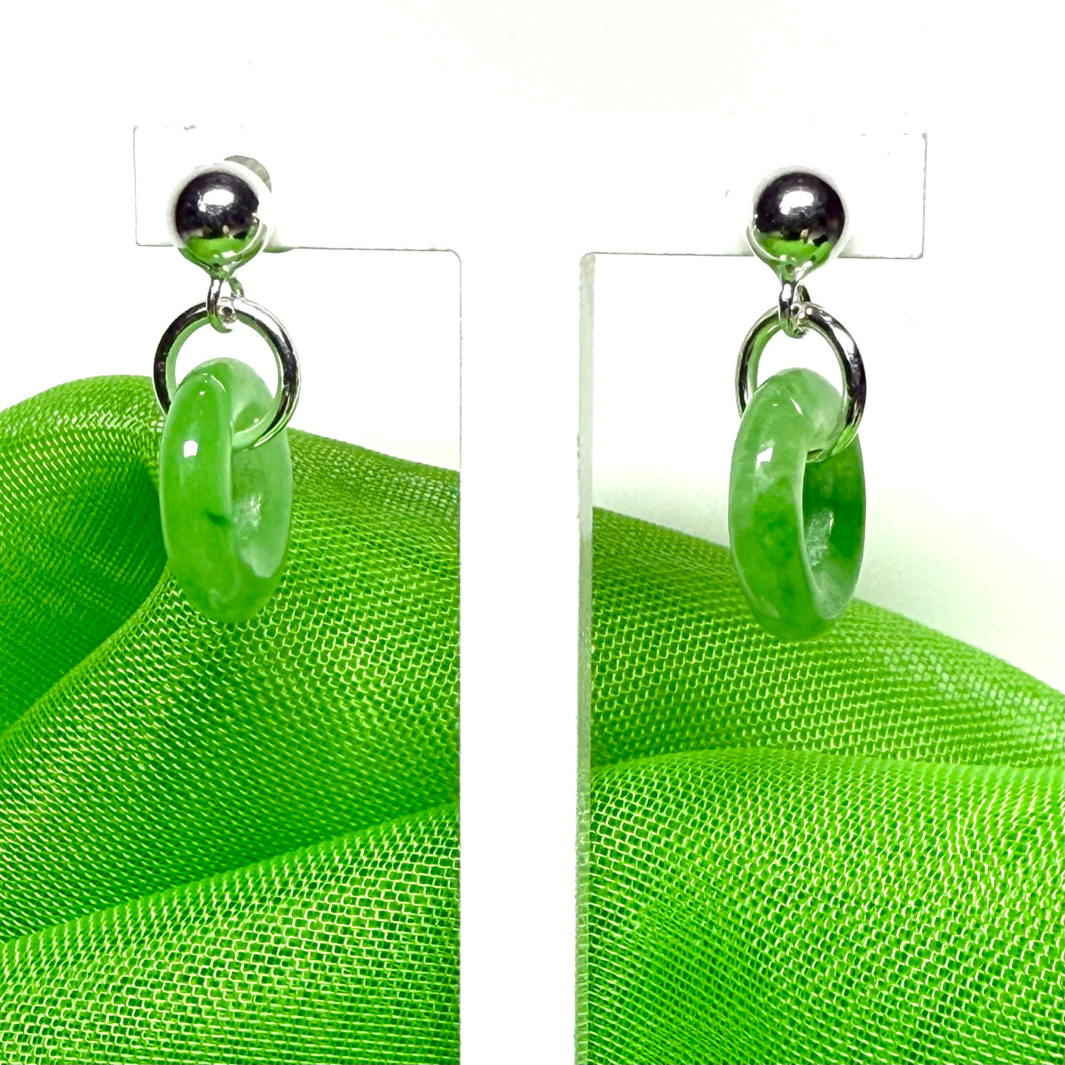Green real jade sterling silver round drop dangling earrings