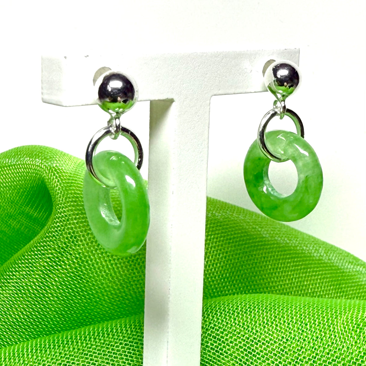Green real jade sterling silver round drop dangling earrings