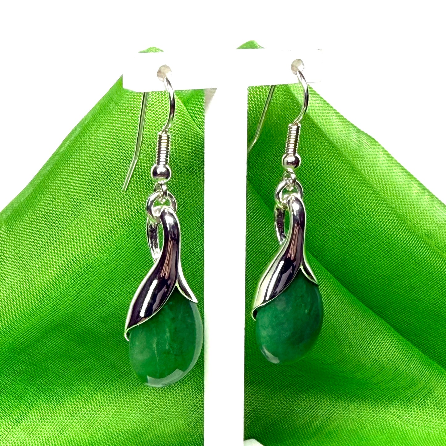 Green real jade tear drop sterling silver pear shaped dropped earrings