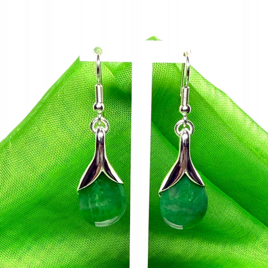 Green real jade tear drop sterling silver pear shaped dropped earrings