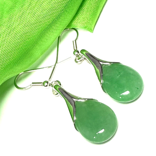 Green real jade teardrop pear shaped drop earrings within sterling silver setting