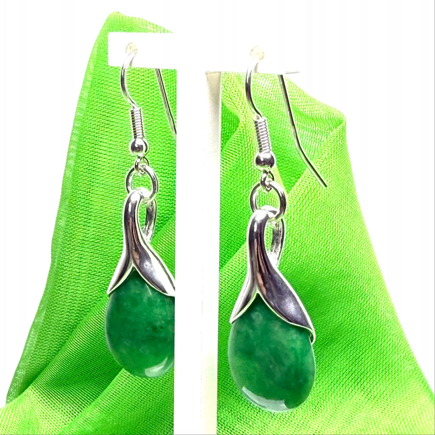 Green real jade teardrop sterling silver pear shaped drop earrings