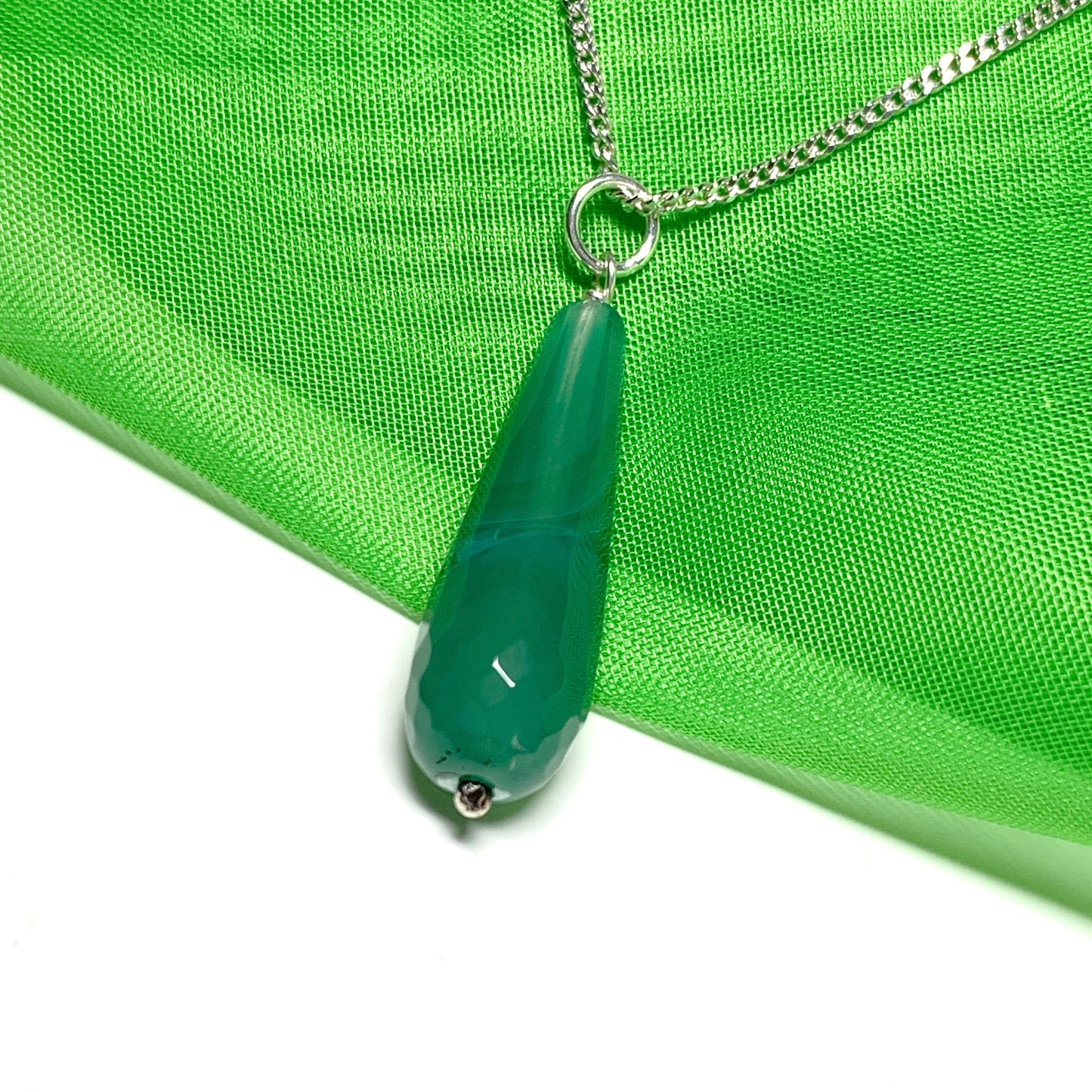 Green agate patterned tear drop necklace pendent sterling silver