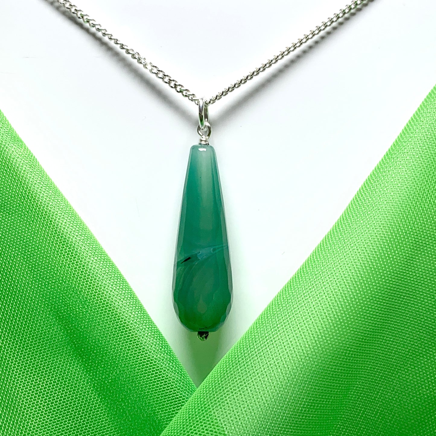 Green agate patterned tear drop necklace pendent sterling silver