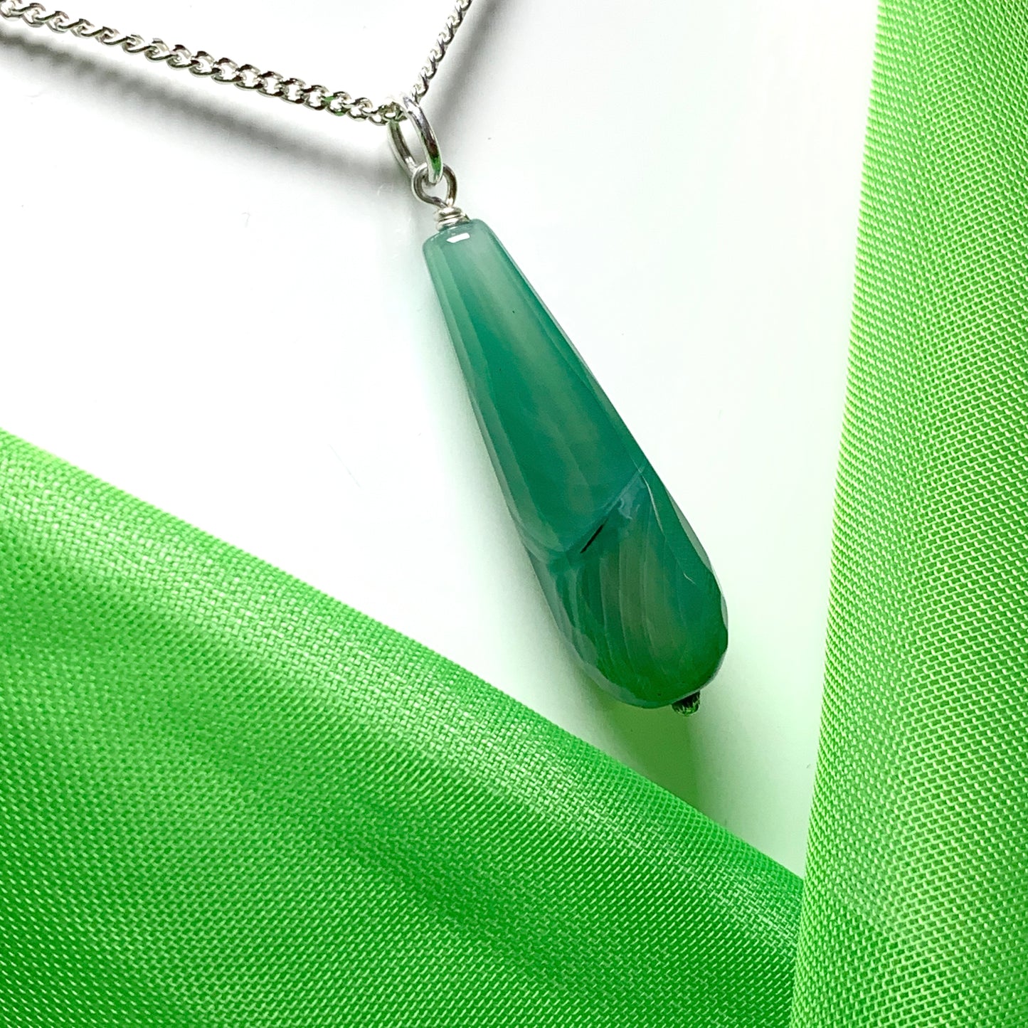 Green agate patterned tear drop necklace pendent sterling silver