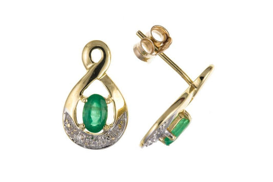 Green emerald and diamond oval yellow gold stud earrings