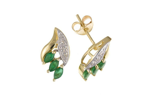Green emerald and diamond stud earrings yellow gold