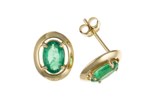 Green emerald oval yellow gold stud earrings