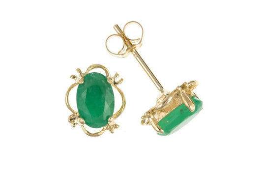Green real emerald yellow gold oval stud earrings