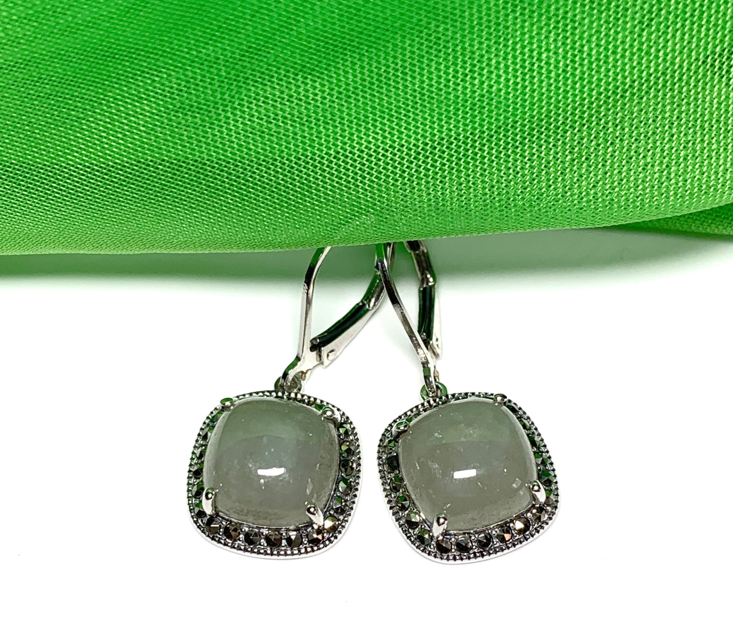 Green jade and marcasite silver cushion shaped drop earrings