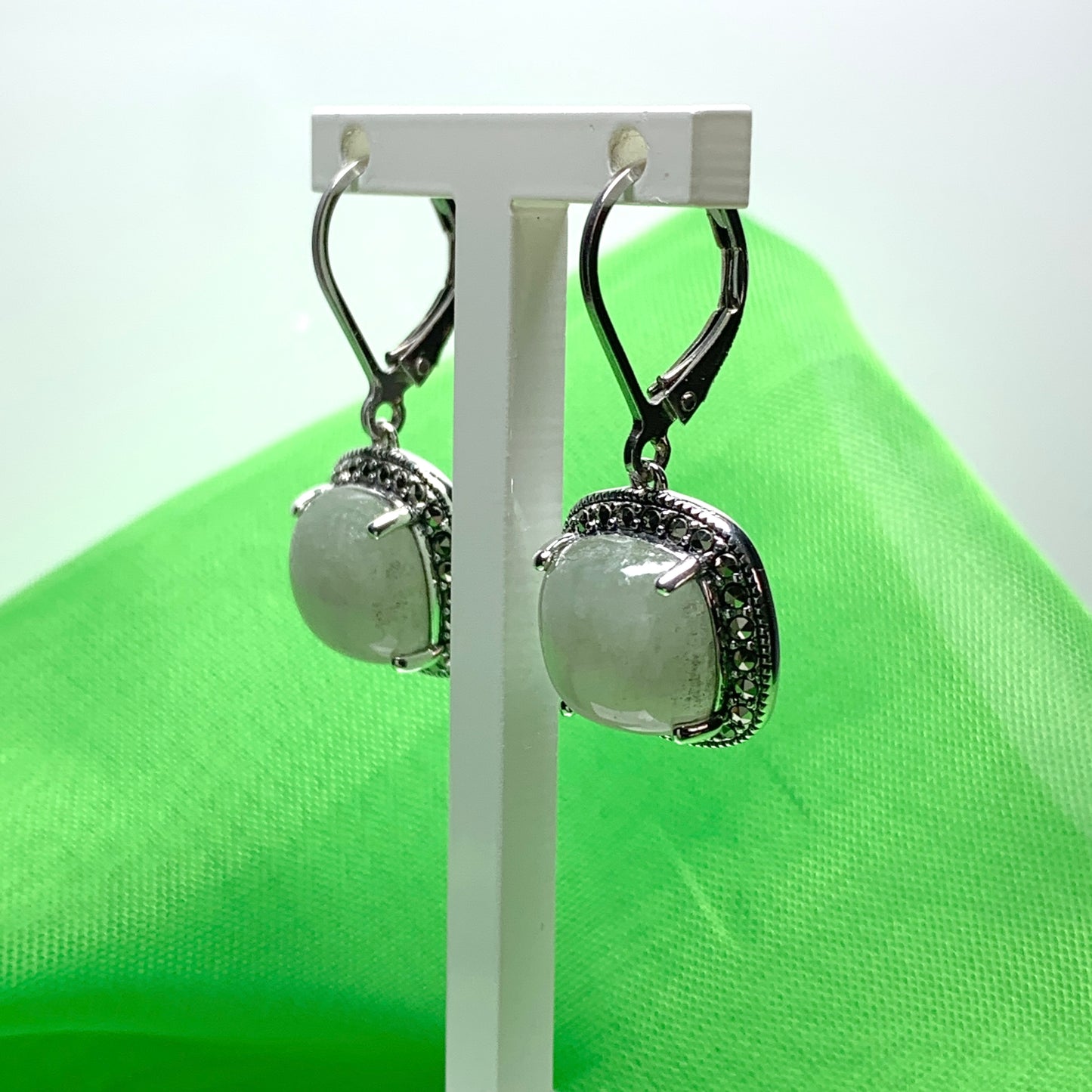 Green jade and marcasite silver cushion shaped drop earrings