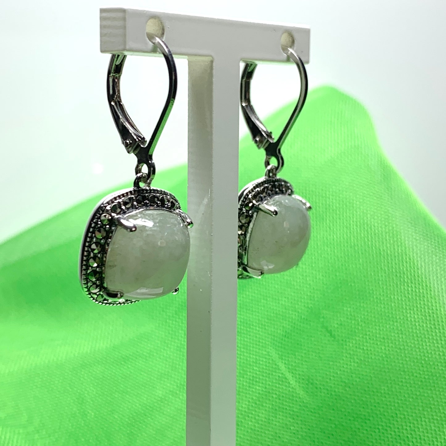 Green jade and marcasite silver cushion shaped drop earrings