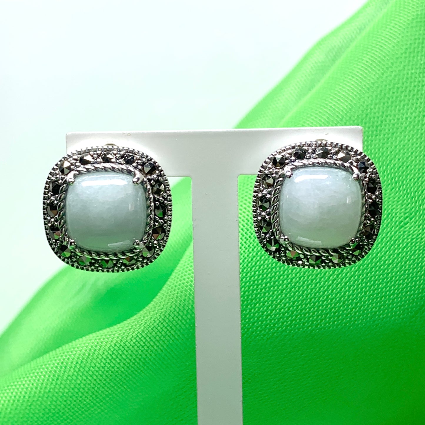 Green jade and marcasite silver cushion shaped stud earrings