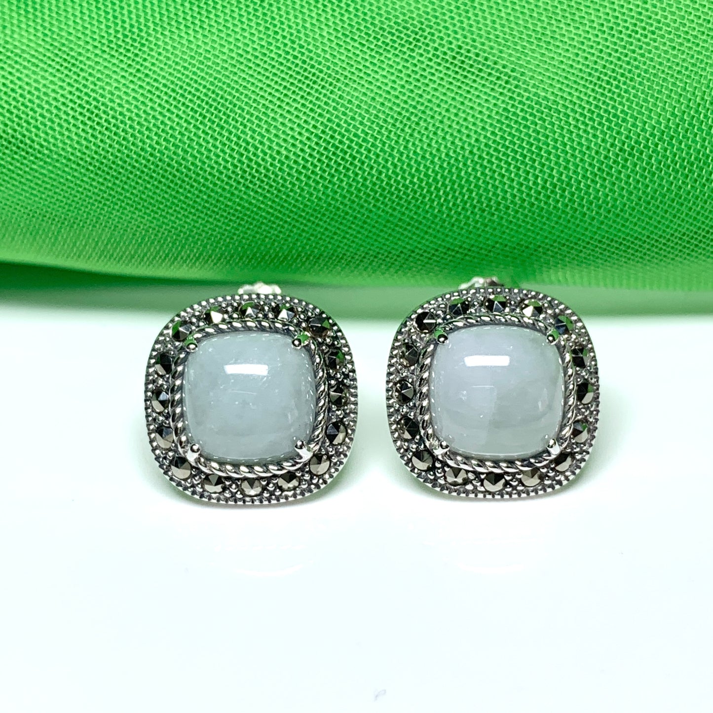 Green jade and marcasite silver cushion shaped stud earrings