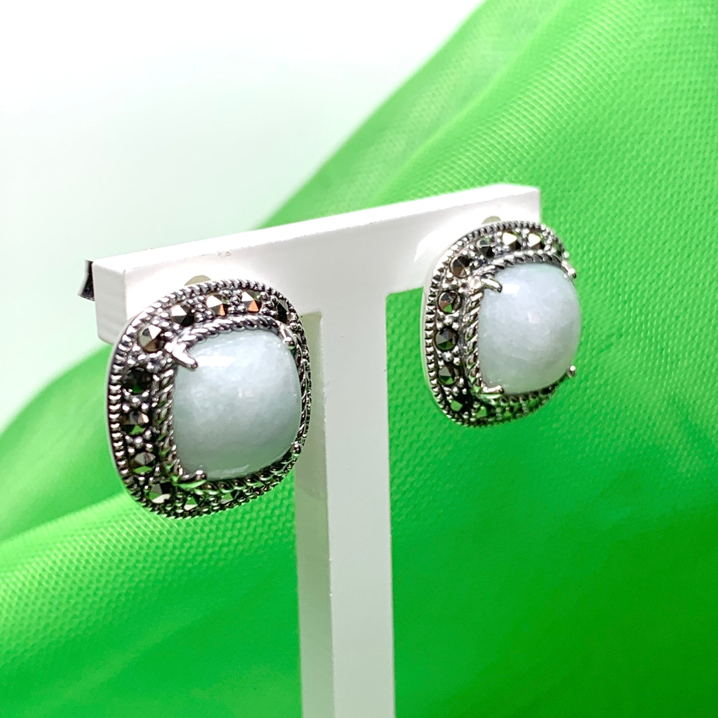 Green jade and marcasite silver cushion shaped stud earrings