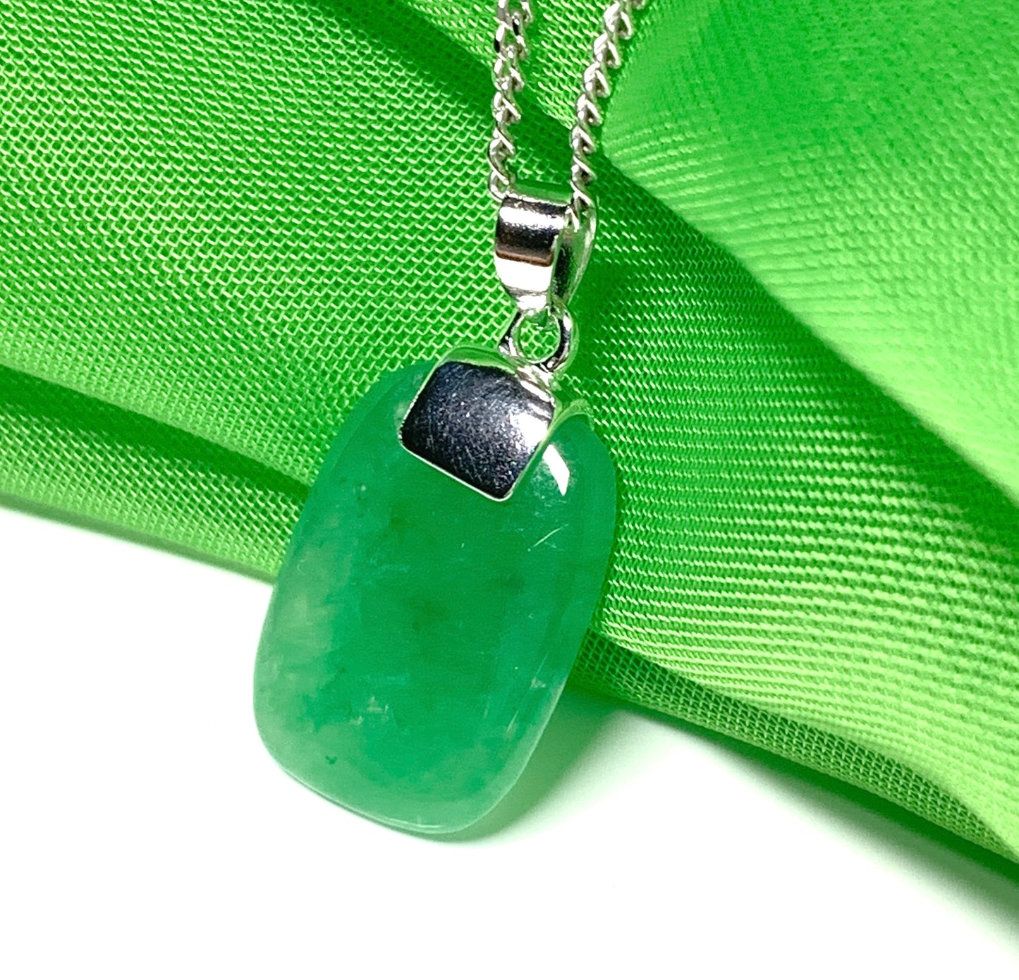 Green jade real necklace cushion shaped stone sterling silver pendant