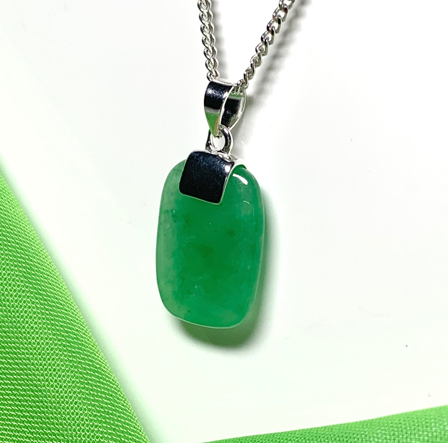 Green jade real necklace cushion shaped stone sterling silver pendant