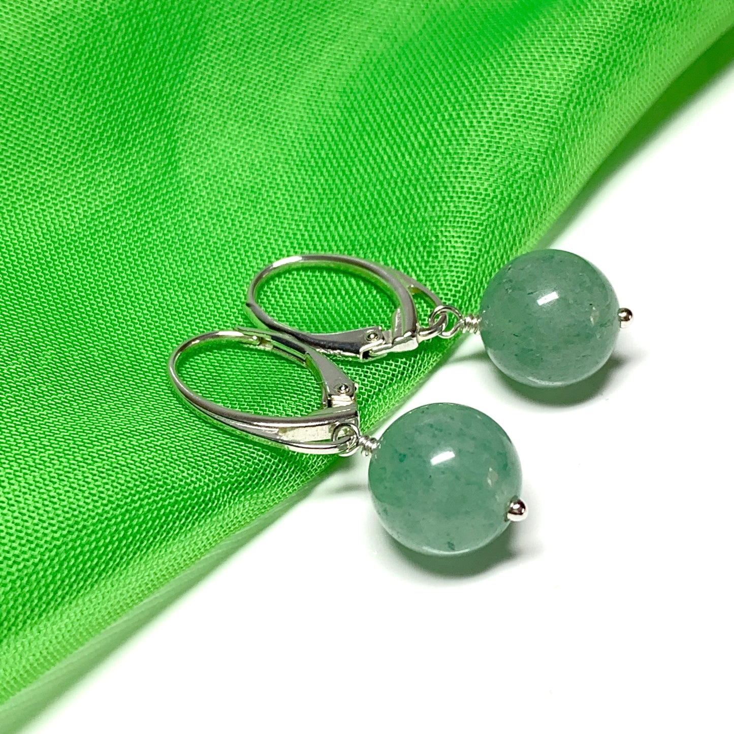 Green jade round ball shaped drop earrings