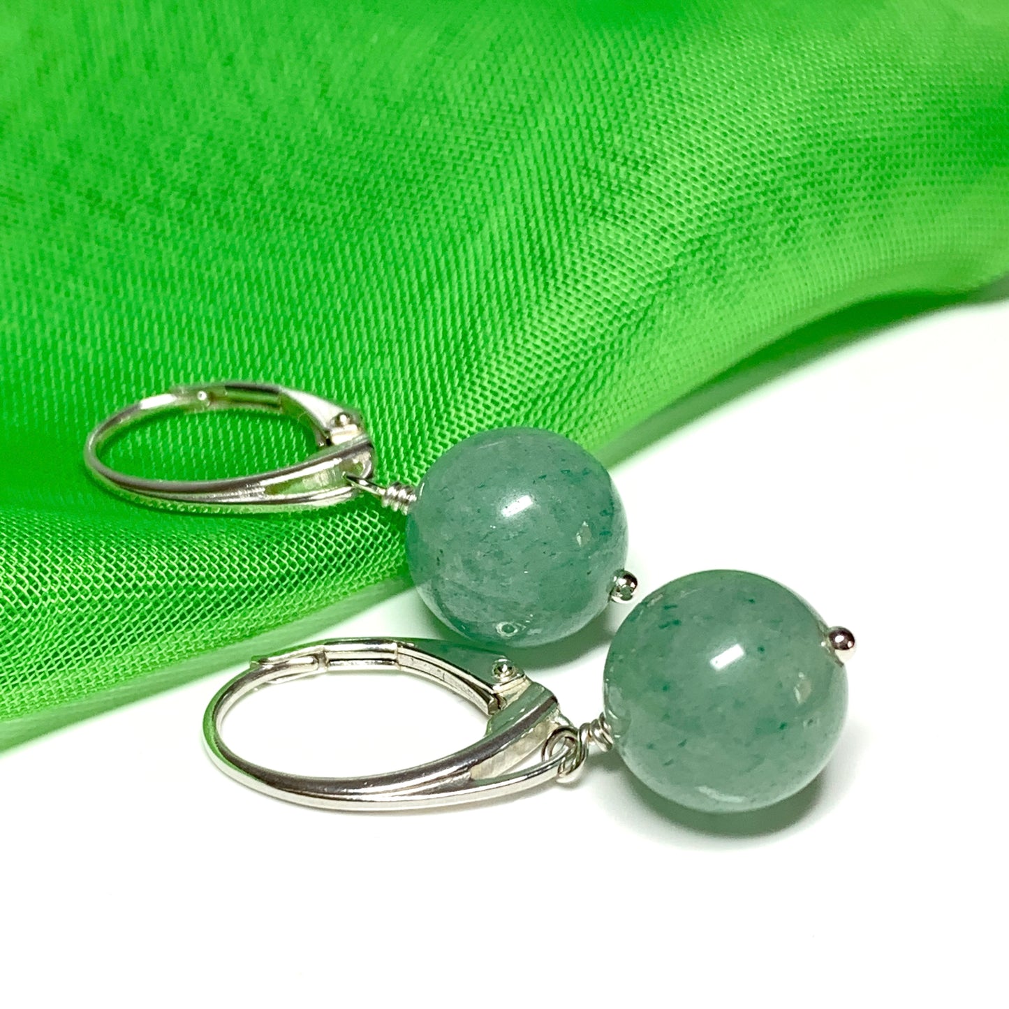 Green jade round ball shaped drop earrings