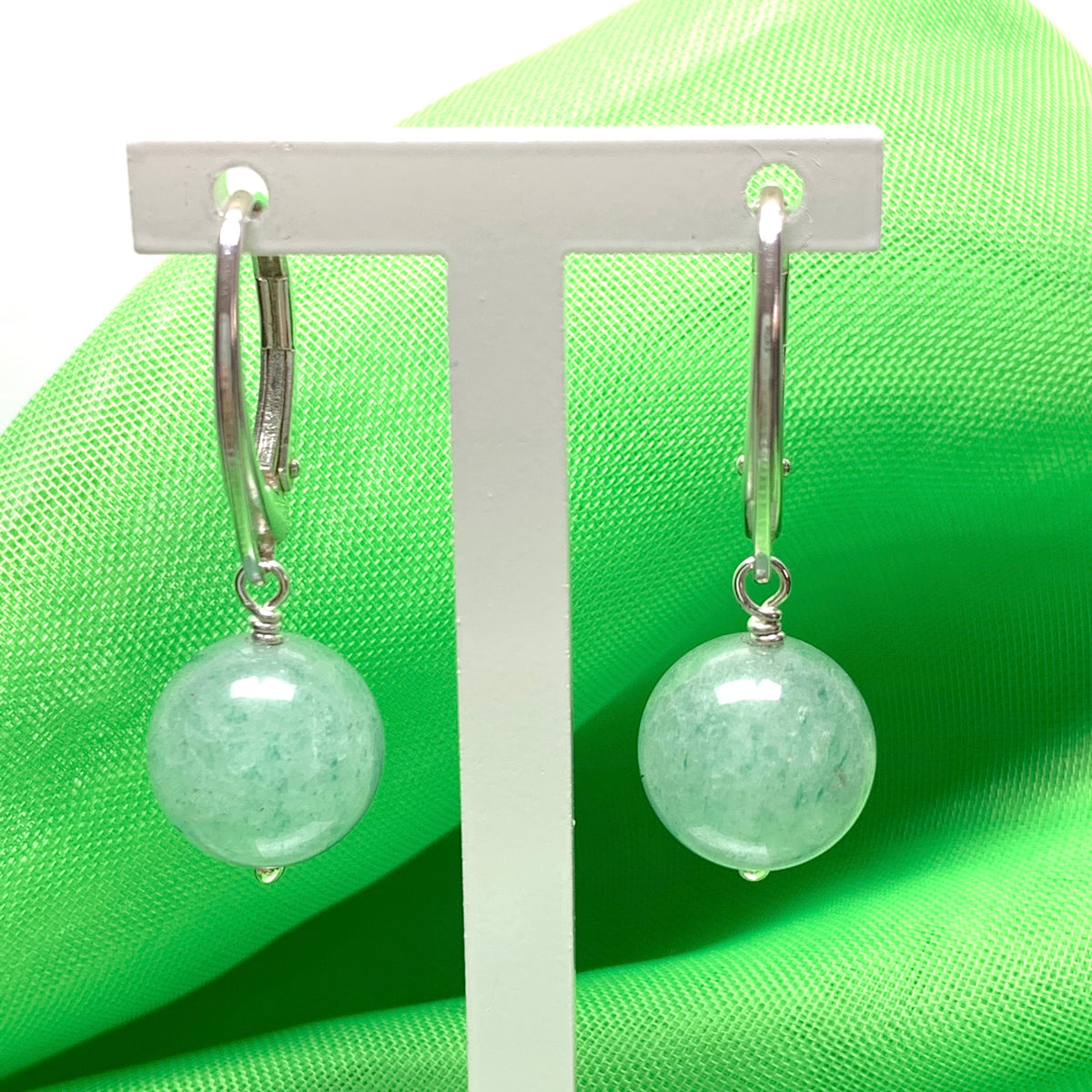 Green jade round ball shaped drop earrings