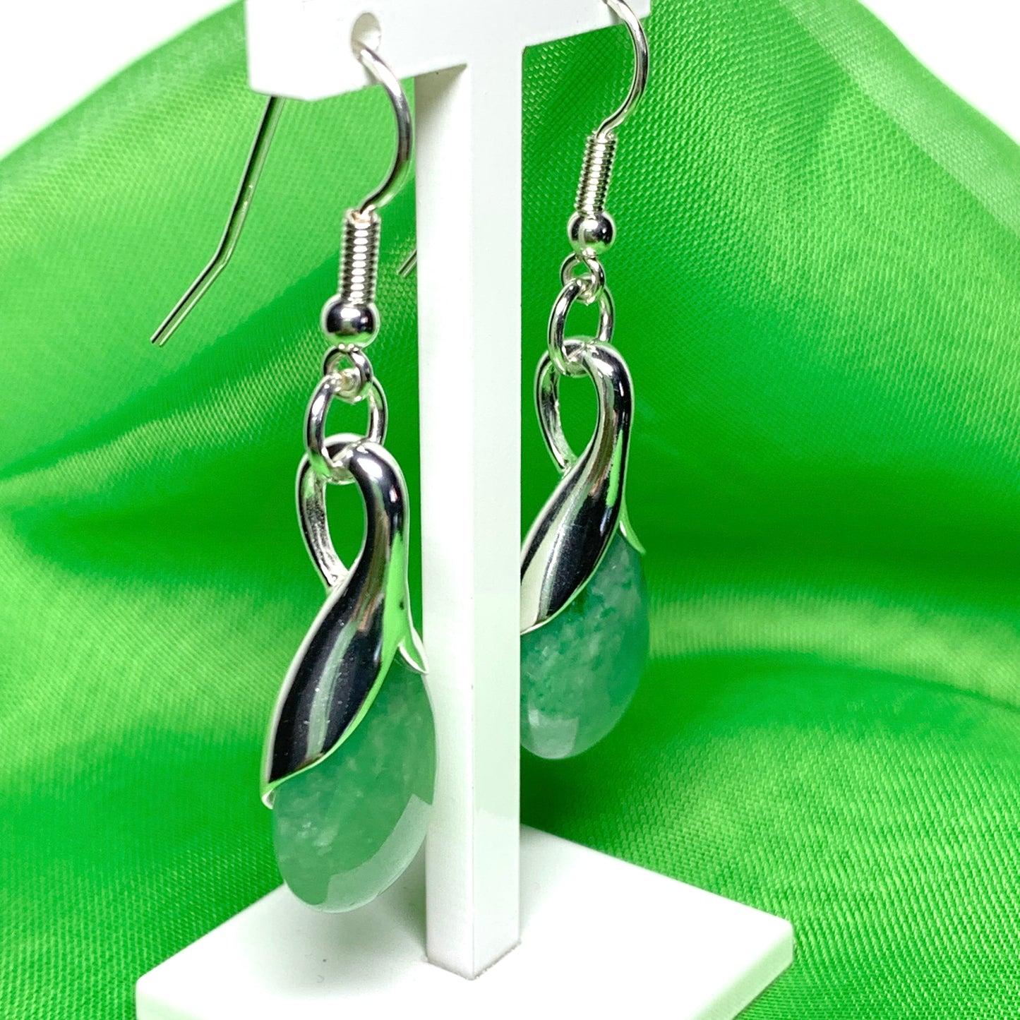 Green jade tear drop sterling silver pear shaped drop earrings