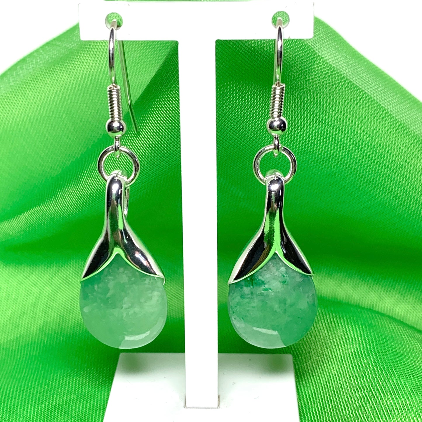 Green jade tear drop sterling silver pear shaped drop earrings