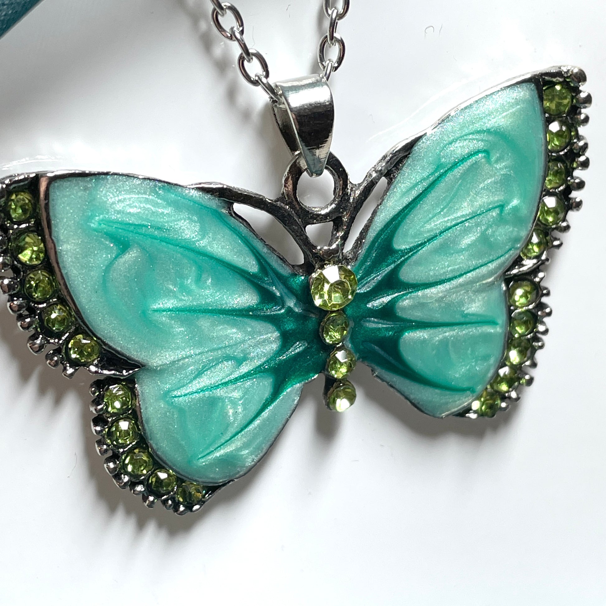 Green large enamelled butterfly necklace