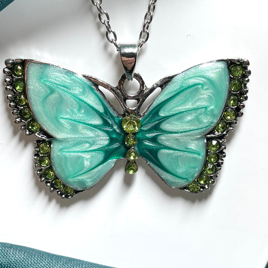 Green large enamelled butterfly necklace
