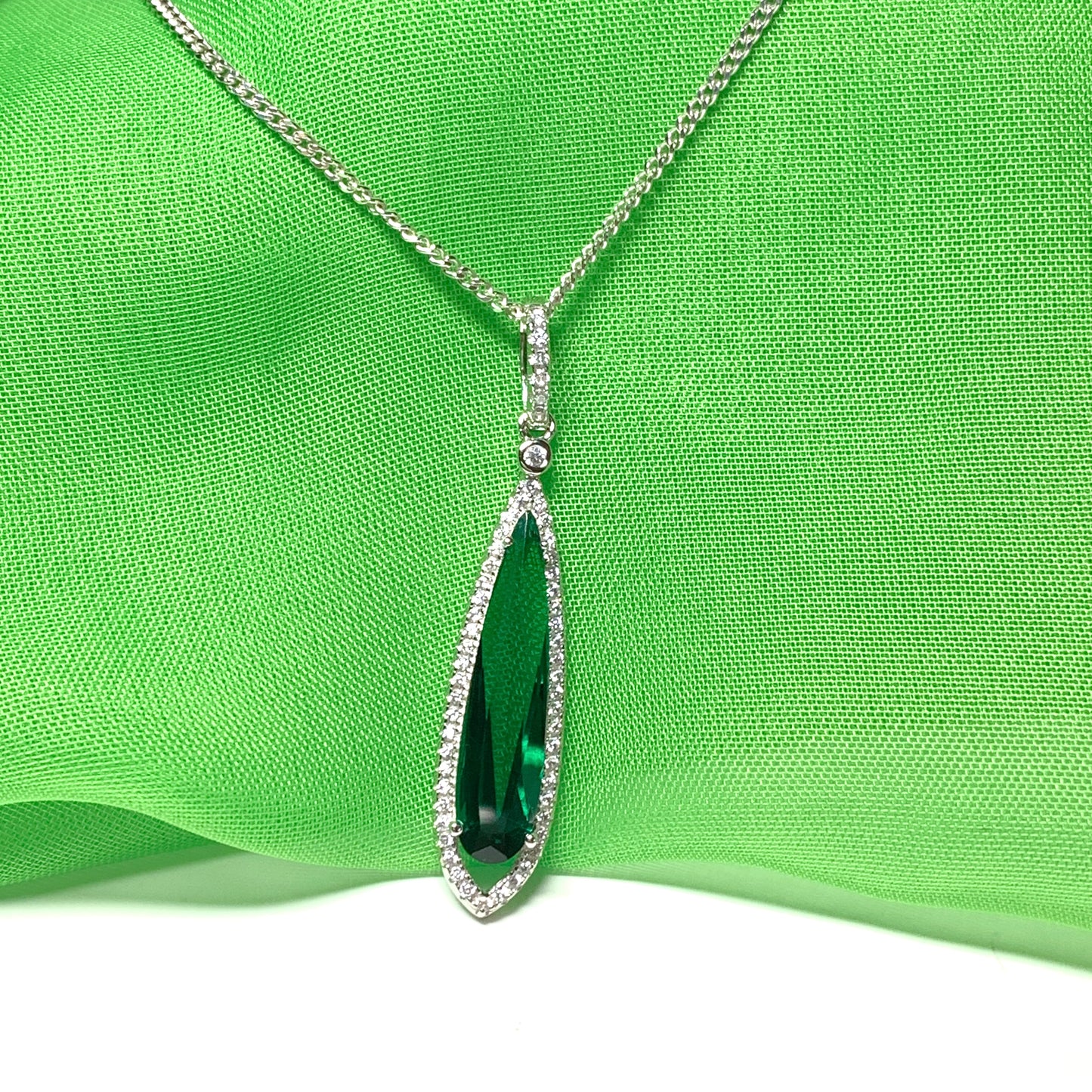 Green pear shaped cubic zirconia silver cluster long drop necklace pendant