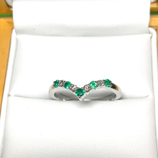 Real emerald and diamond wishbone ring white gold