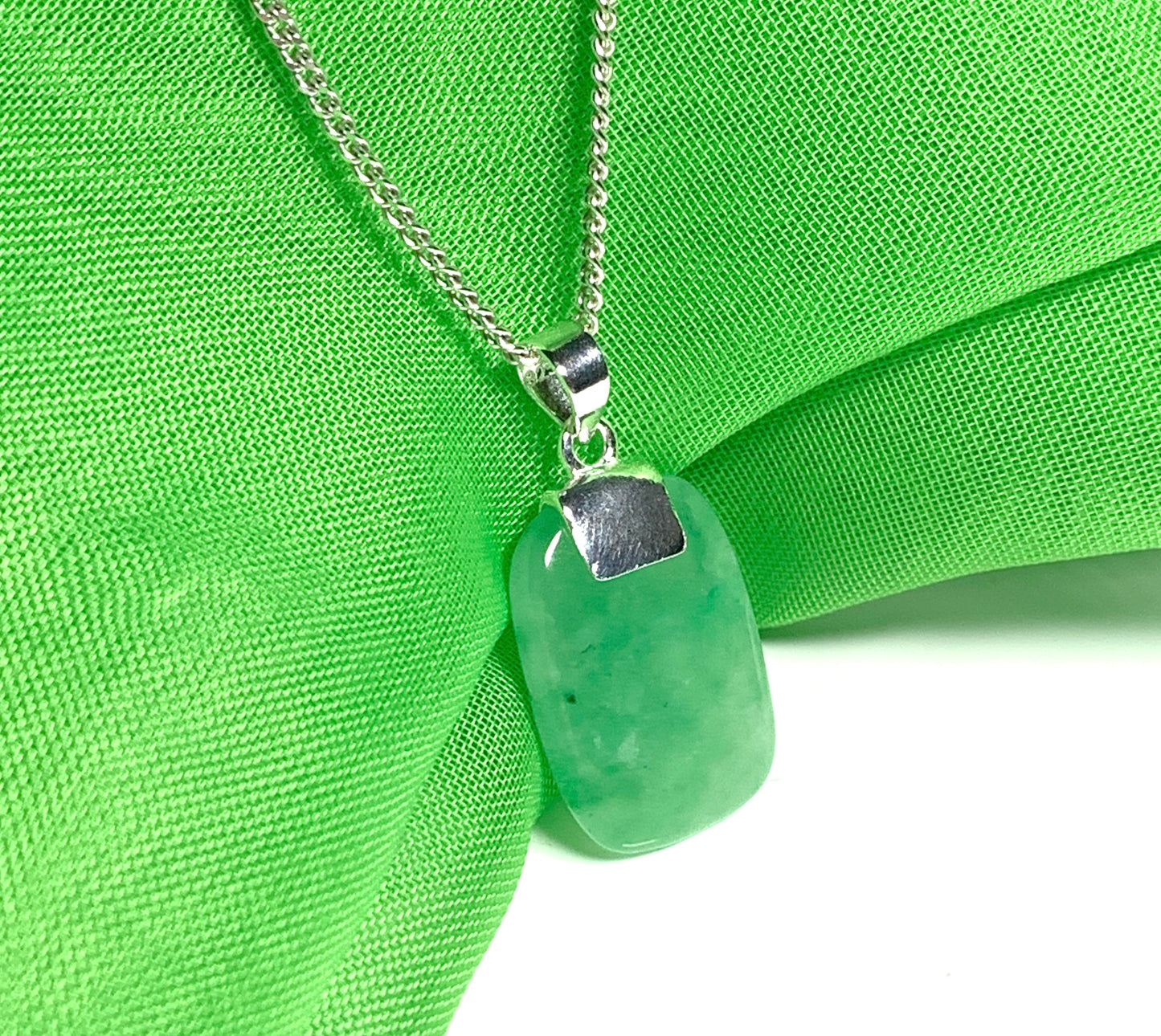 Green real jade necklace cushion shaped stone sterling silver pendant