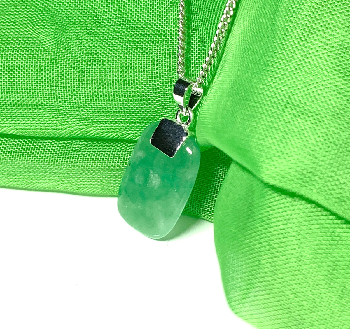 Green real jade necklace cushion shaped stone sterling silver pendant