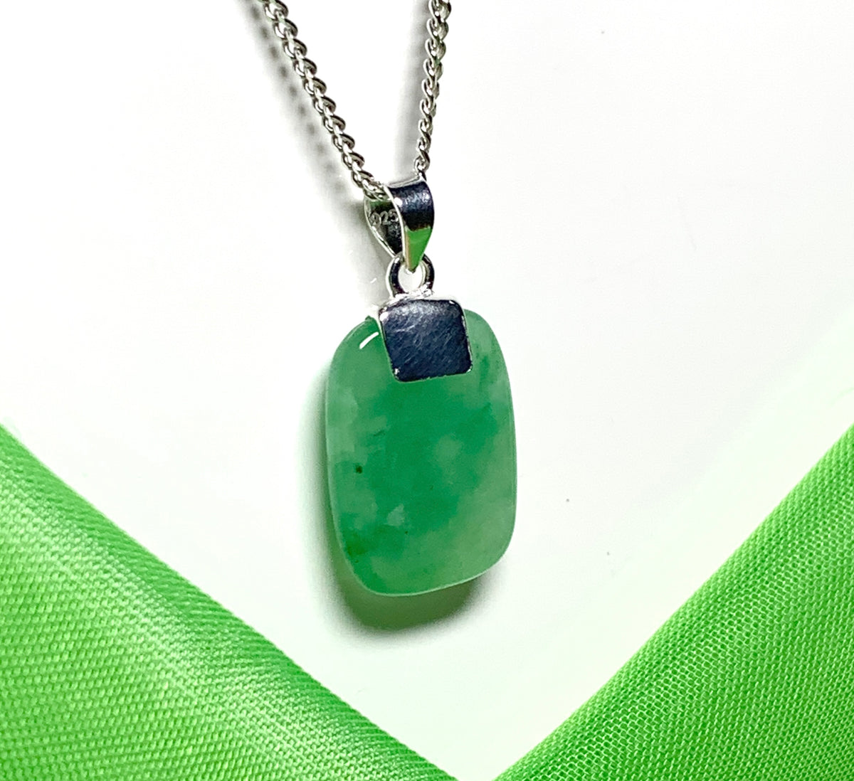 Green real jade necklace cushion shaped stone sterling silver pendant