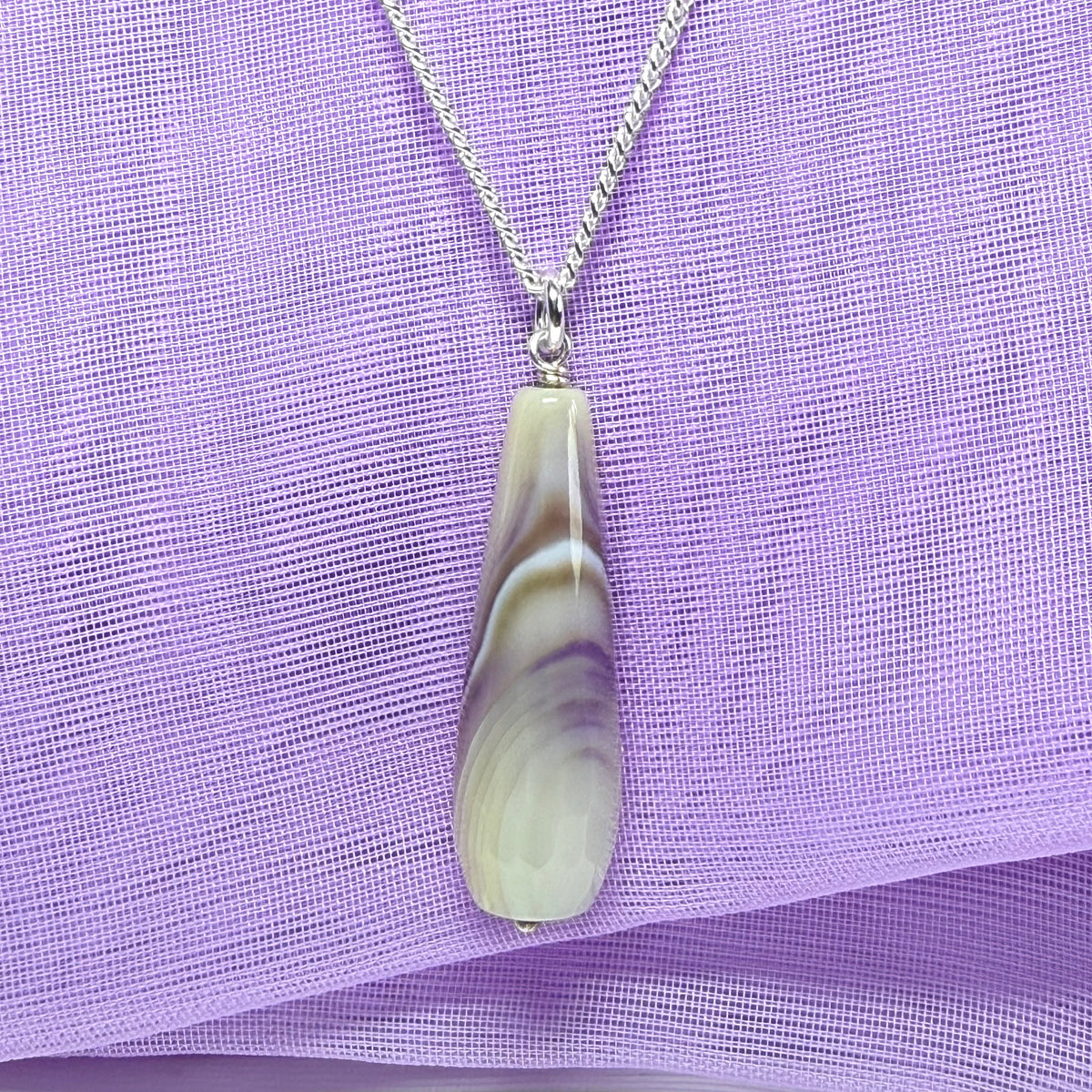 Grey purple agate tear drop necklace sterling silver pendant