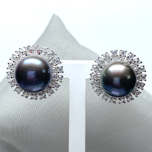 Grey pearl round pearl stud earrings sterling silver