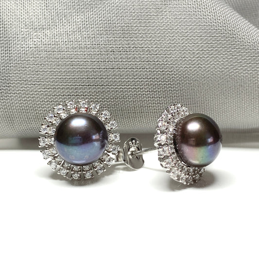 Grey pearl round pearl stud earrings sterling silver