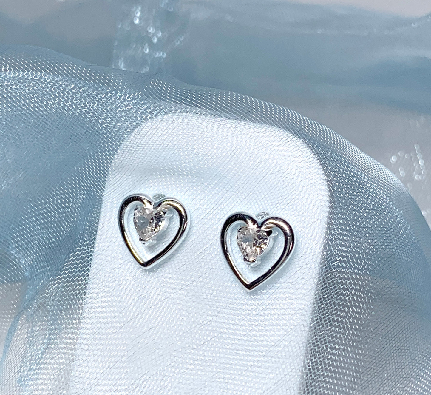 Heart shaped stud earrings cubic zirconia sterling silver