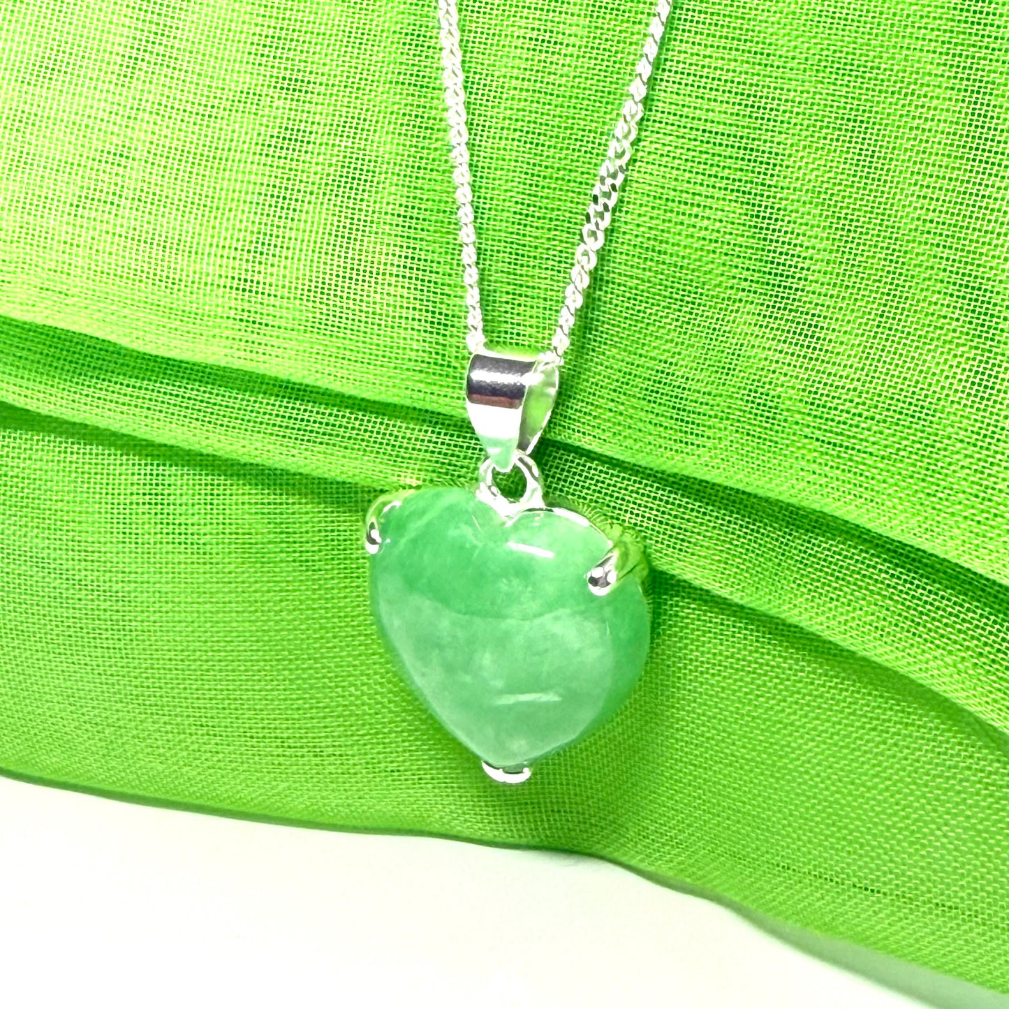 Pendant heart shape sterling silver real green jade stone necklace with a chain included as well