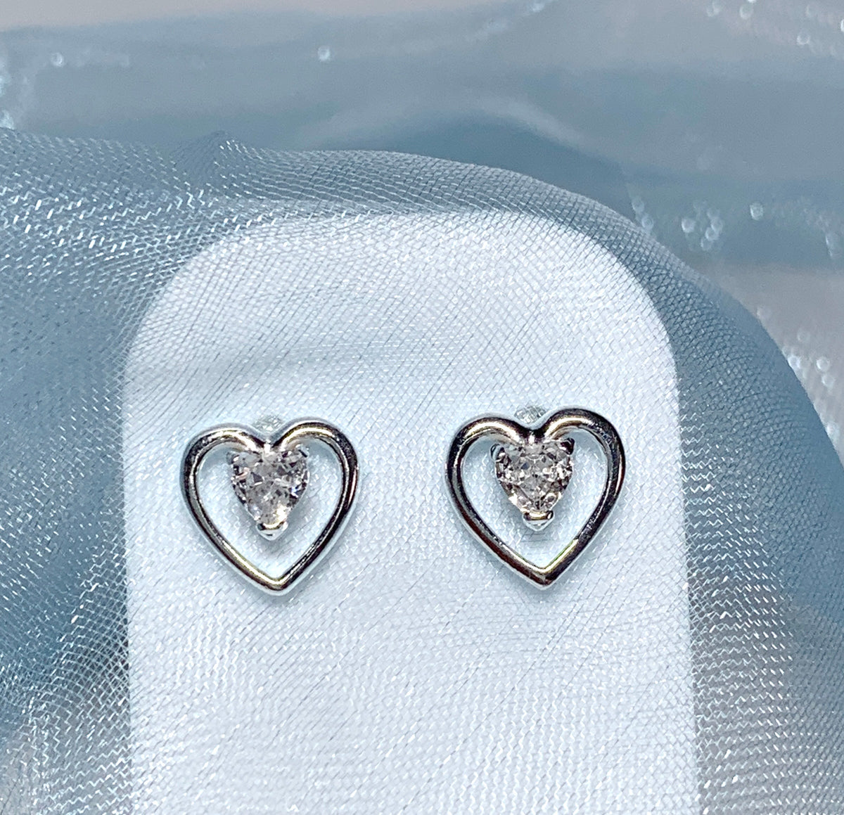 Heart shaped stud earrings cubic zirconia sterling silver