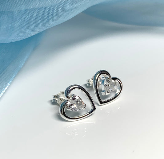 Heart shaped stud earrings cubic zirconia sterling silver