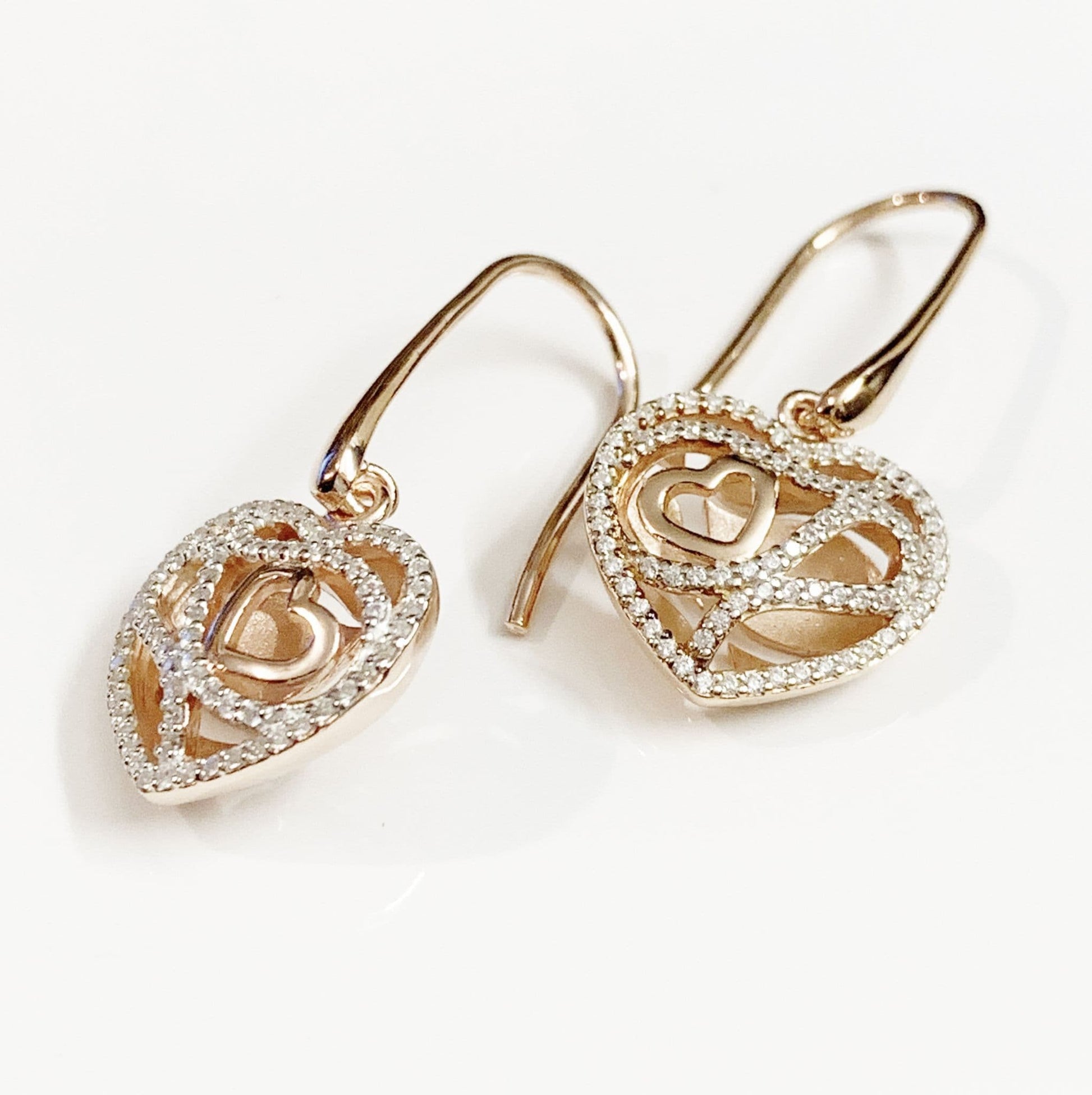 Sterling silver cubic zirconia heart drop earrings with rose gold gilt