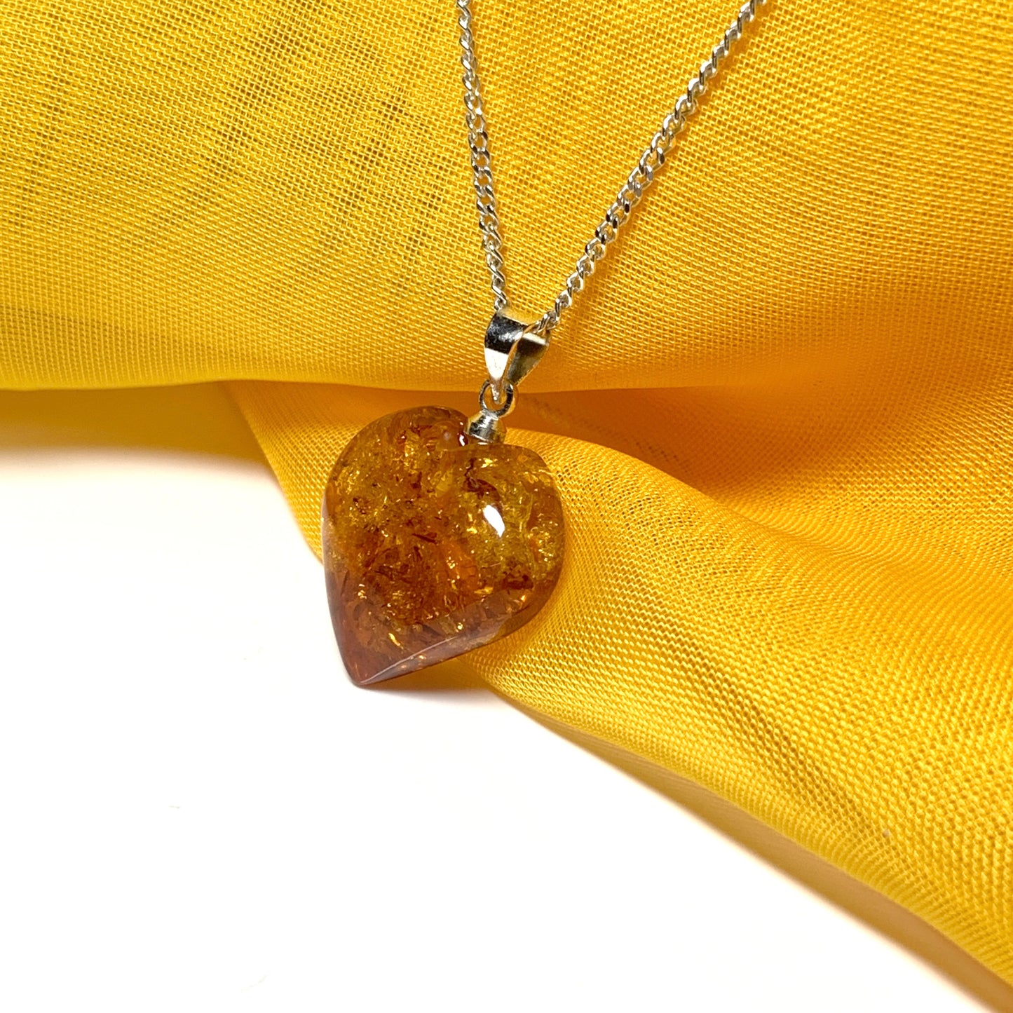 Heart shaped real amber pendant sterling silver necklace