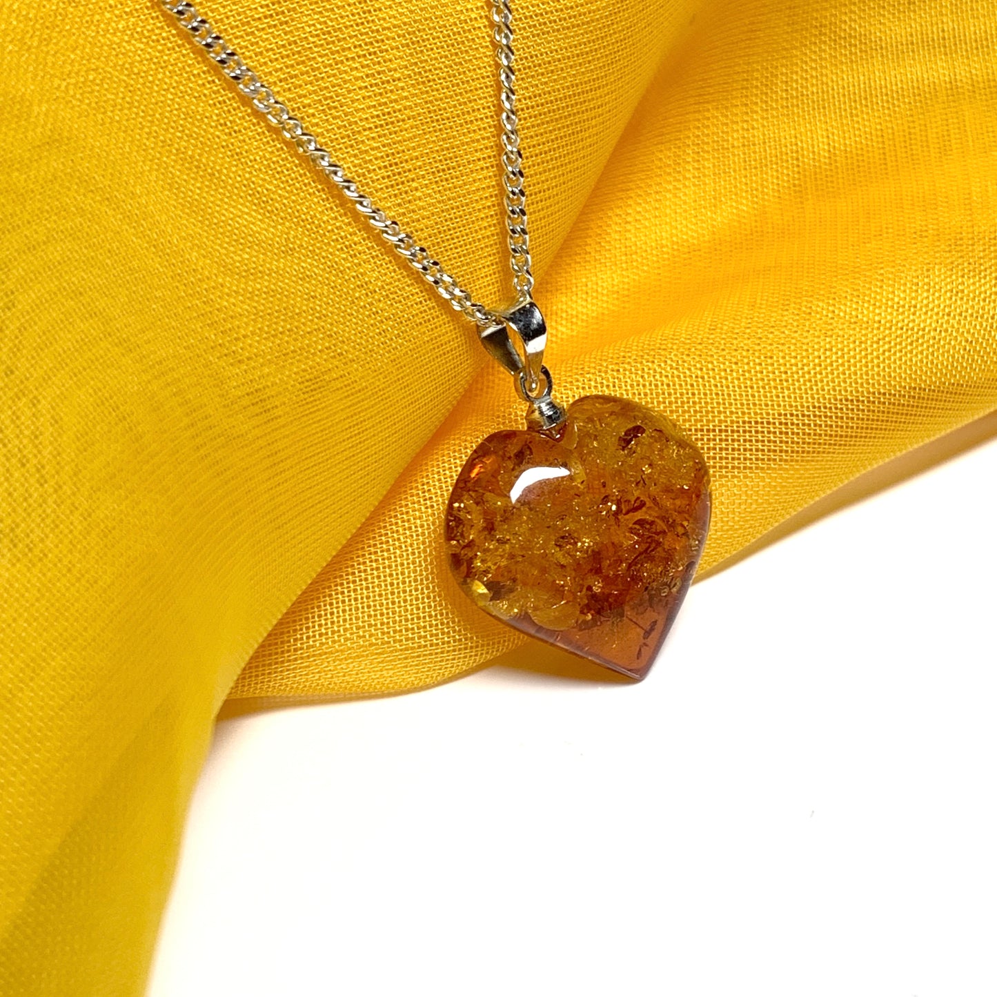 Heart shaped real amber pendant sterling silver necklace