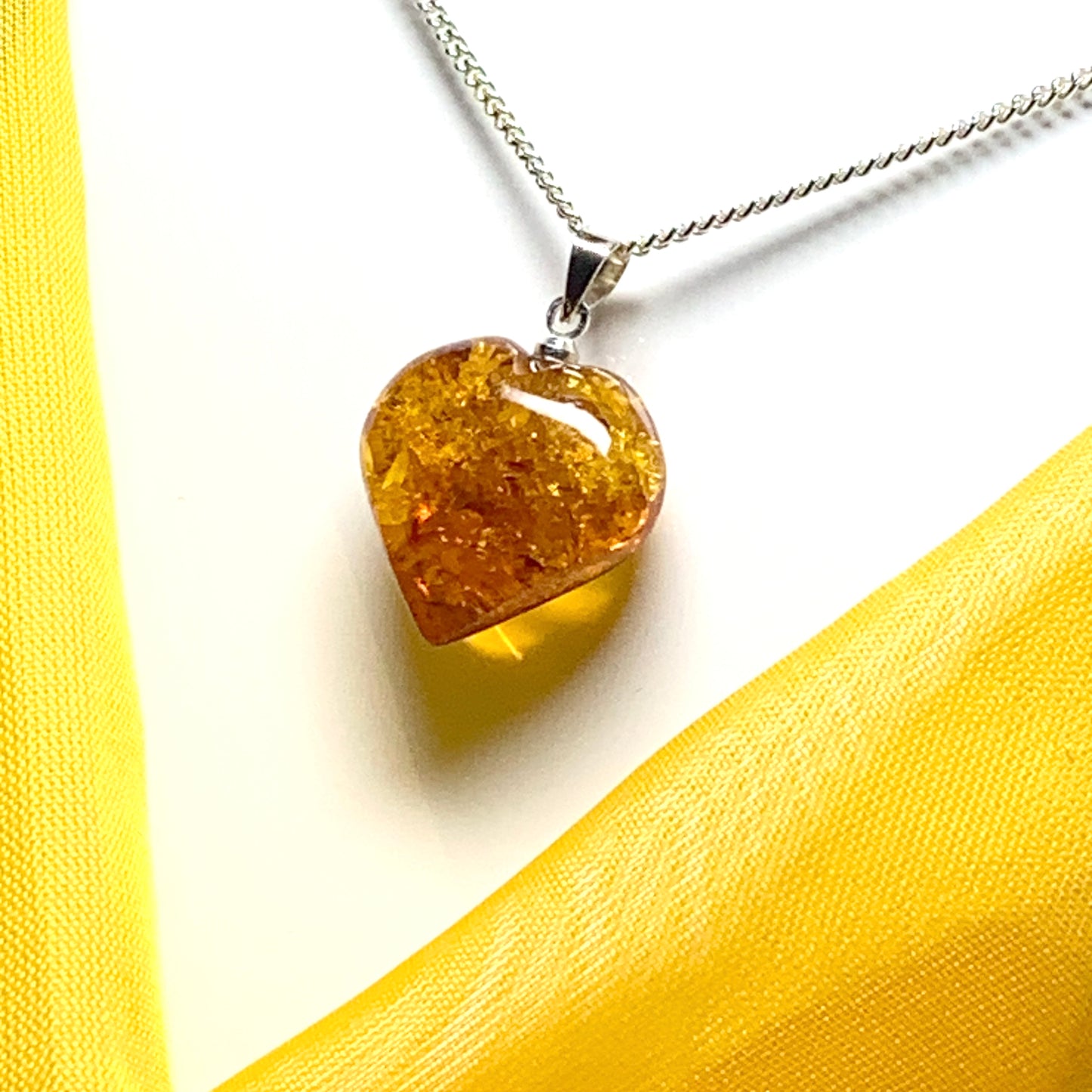 Heart shaped real amber pendant sterling silver necklace