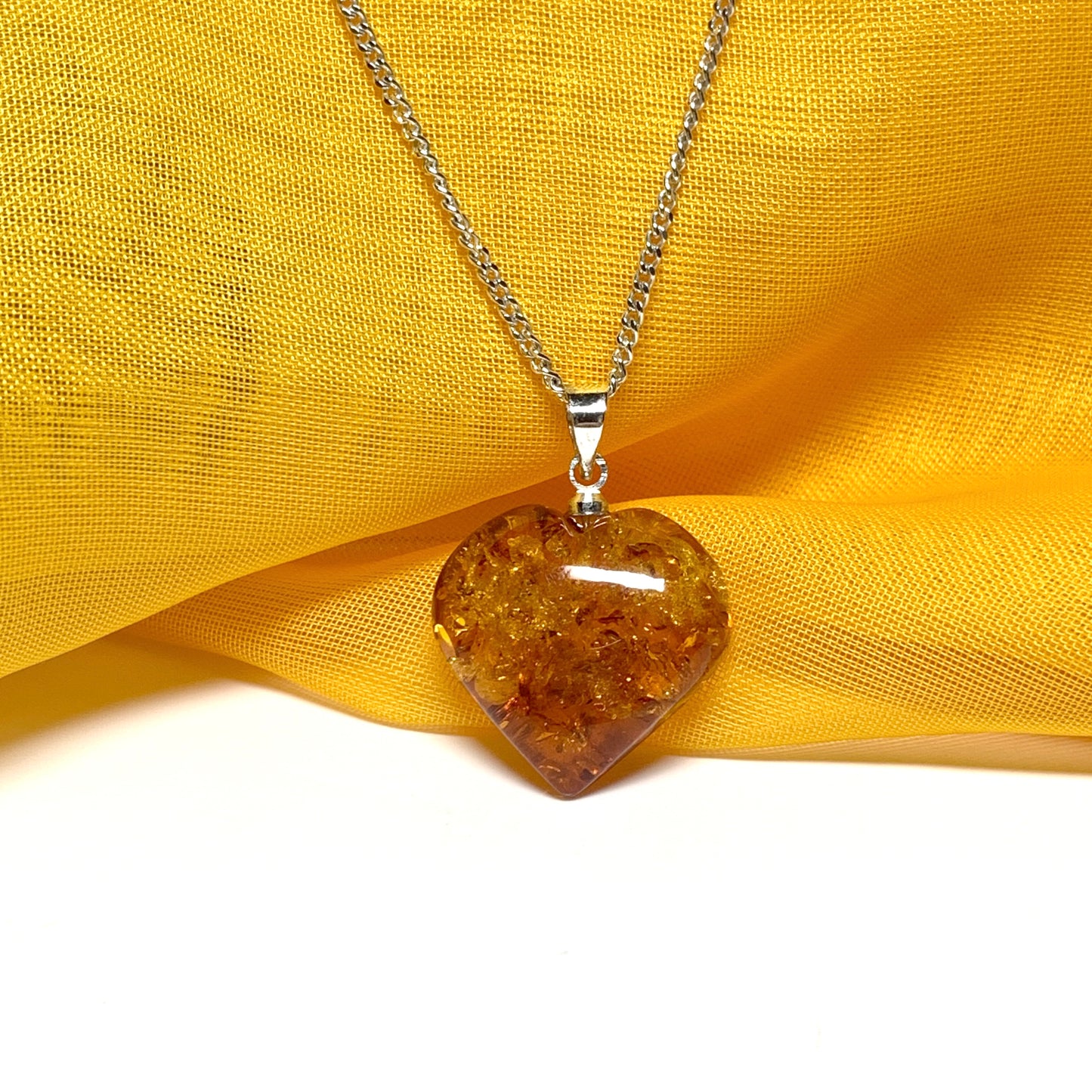 Heart shaped real amber pendant sterling silver necklace