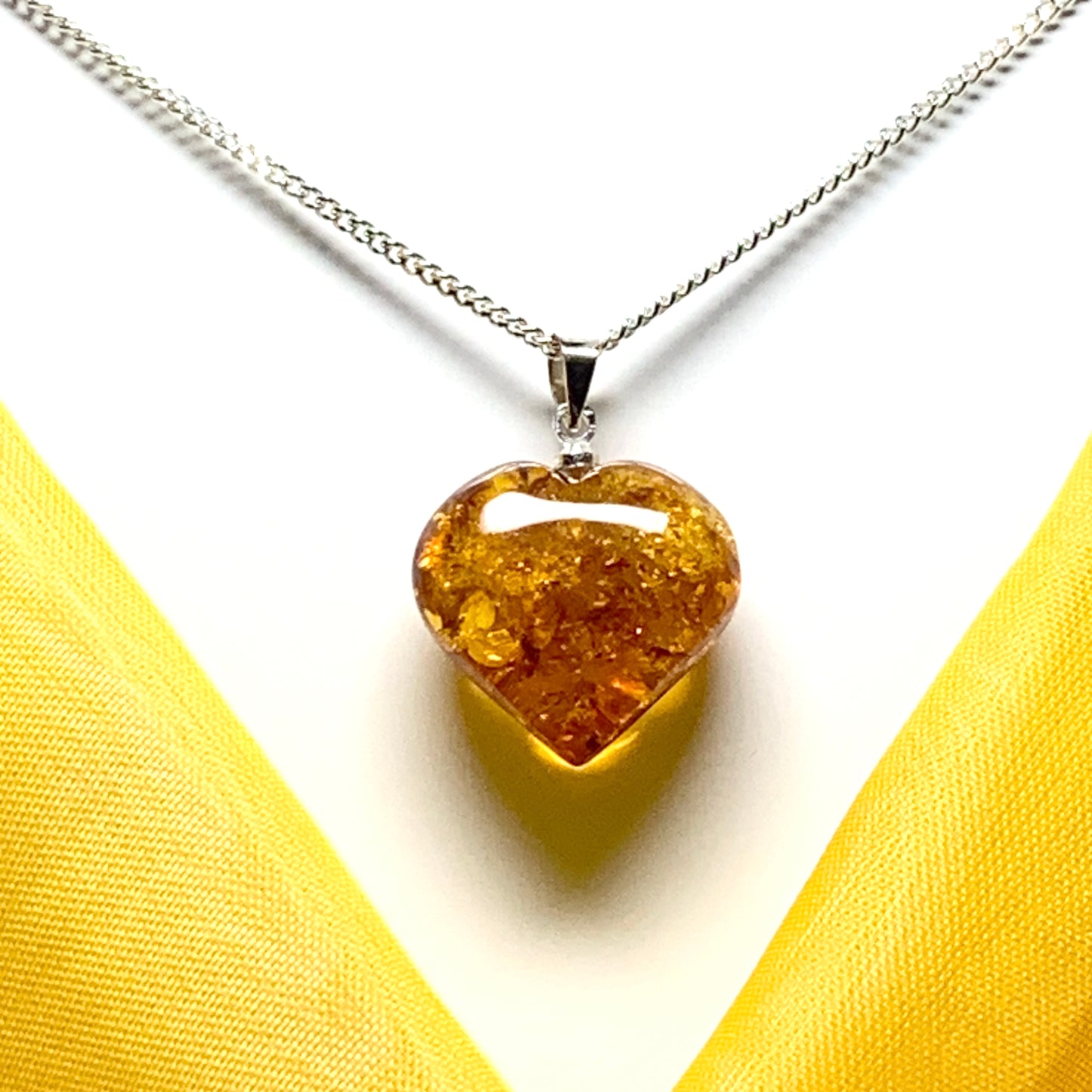 Heart shaped real amber pendant sterling silver necklace