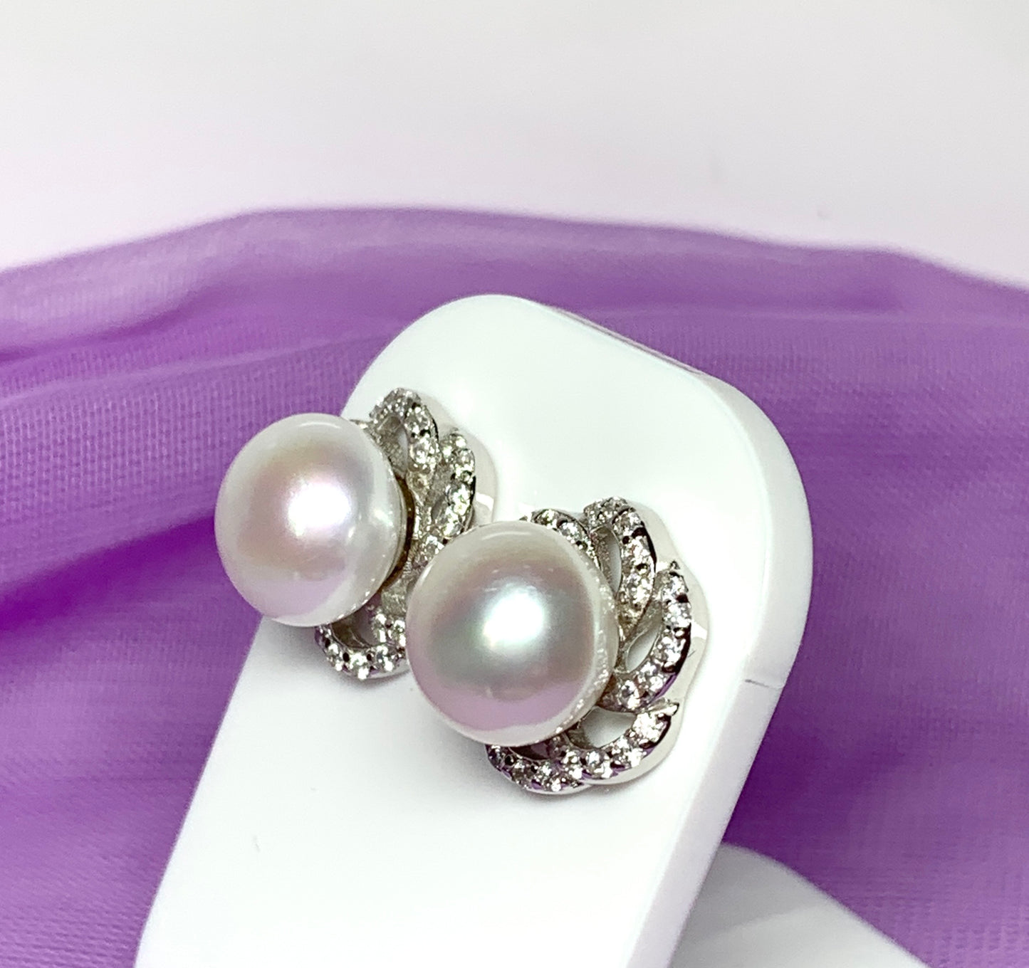 Hesagonal real freshwater cultured pearl cubic zirconia cluster earrings sterling silver